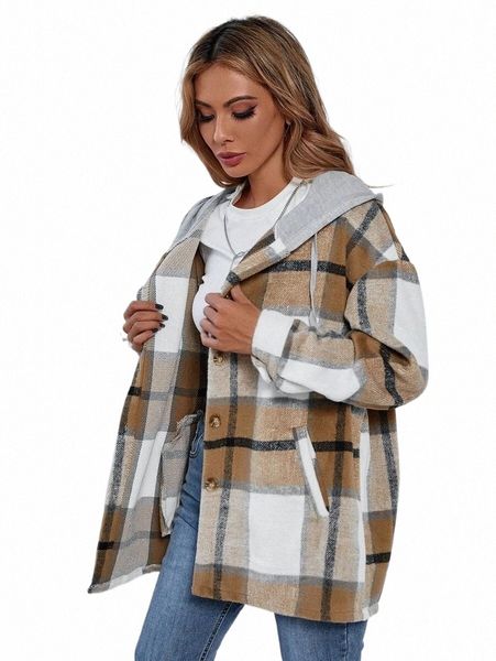 delle donne di inverno Lg manica con cappuccio casual tasche tunica camicetta Tops signore plaid controllare cappotto giacca Plus Size 2023-2024 06gw #