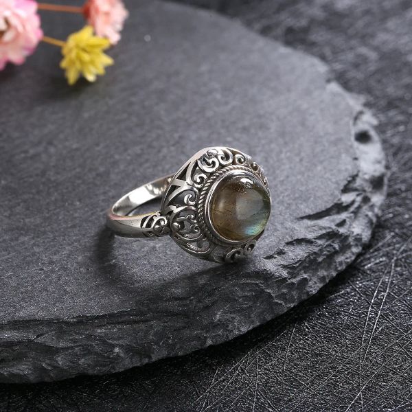 Ring de lua de arenito azul natural vintage 925 Sterling Silver Labradororite Hollow Luxury Fine Jewelry Wedding Gift for Women