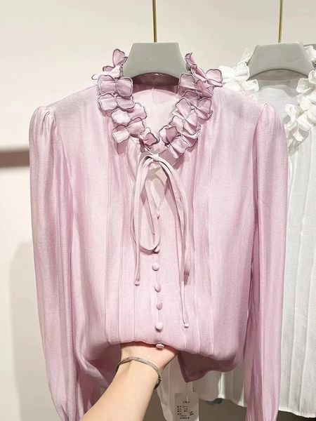 Blusas femininas de luxo pétala rendas até manga comprida camisas de chiffon de seda e para a primavera verão superior roupas femininas