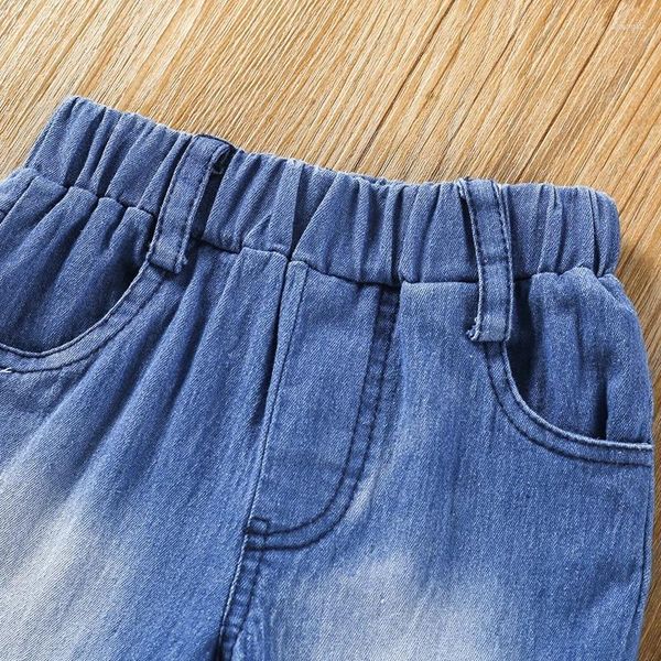 Kleidungssets Baby-Kleidung für Kleinkinder, weiße Spitze, aushöhlen, langärmlig, Strampler, zerrissene Jeans, Hosen-Set