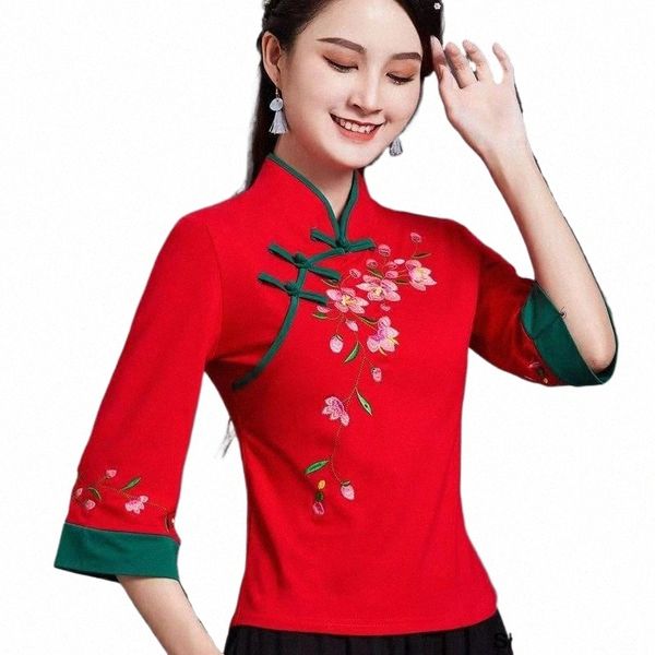 Traditial Chinesische Frauen Ethnischen Stil Top Retro Pan Butt T-shirt Cott Leinen Stickerei Elastische Bequeme Top Qipao Hanfu a2zz #