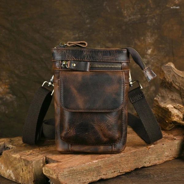 Sacos de cintura Saco de couro genuíno vintage homens multi função portátil ao ar livre casual split gancho desgaste cinto crossbody bolsa de alta qualidade