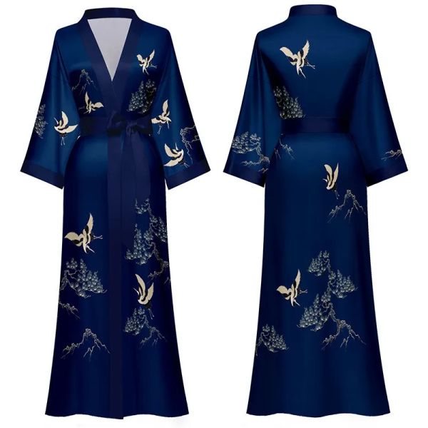 Nuove donne in primavera estate lungo abito da cambio da camerino kimono sexy stampato nero abbigliamento da notte in camice a manicotto in raso abito da casa