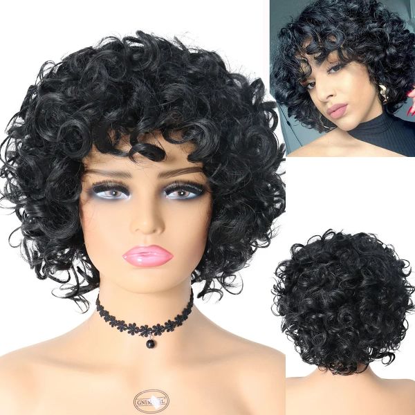 Wigs Gnimegil Synthetic Black Curly Afro Wig com Bang For Women Natural Wig Curls Kinky Afro -American Wig Mix Brown Bombshell Wig