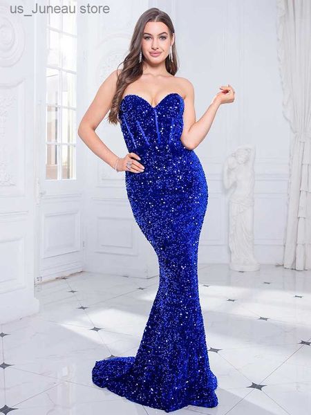 Abiti casual di base Blu royal imbottito senza spalline con disossamento corsetto corpetto elasticizzato con paillettes abito da ballo senza maniche sirena lunghezza del pavimento abito da sera da festa T240330