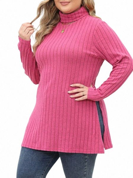 gibsie Plus Size Casual Side Split Ribbed Knit Lg T-Shirt Mulheres Primavera Outono Gola Alta Manga LG Y2K Tops Tee Streetwear U9Hi #