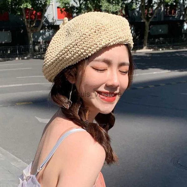 Berets Newsboy Chapéus Verão Weave Beret Feminino Palha para Primavera Outono Flat Sun Chapéu Respirável Casual Feriado Artista Beach Cap Chapeau H240330