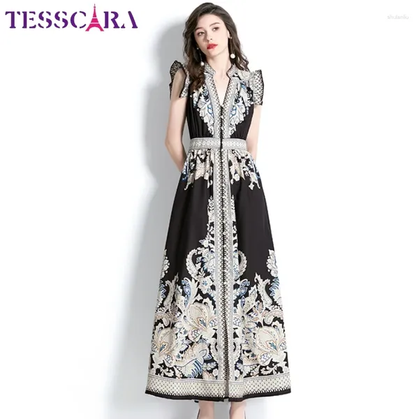 Casual Kleider TESSCARA Frauen Sommer Elegante V-ausschnitt Kleid Hohe Qualität Lange Cocktail Party Robe Vintage Print Designer Ärmellose Vestidos