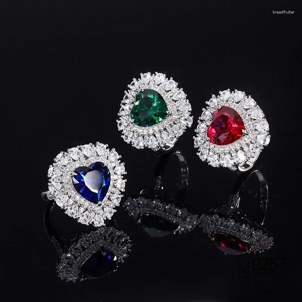 Anéis de cluster 12x12mm forma de coração azul safira vermelho rubi verde zircão cúbico 925 anel de prata esterlina para mulheres