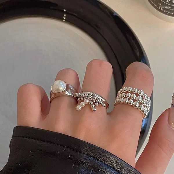 Cluster Ringe 925 Sterling Silber Geometrische Perle Für Frauen Einfache Koreanische Trendy Mode Anhänger Offene Einstellbare Handgemachte Ring Geschenke