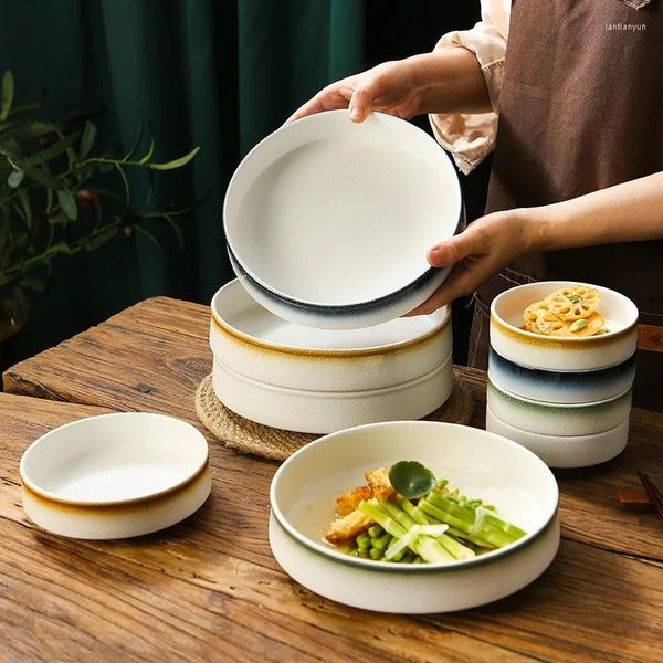 Besteck-Sets, japanisches grobes Keramikgeschirr, große, niedrige, flache Unterseite, flache Öffnung, runde Schüssel, gedämpfte Gemüse-Ei-Suppe