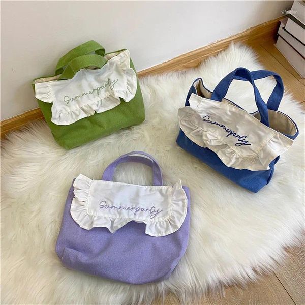 Sacos de armazenamento Doce Ruffled Lunch Bag Estilo Coreano Lona Pequena Mão Cor Sólida Mulheres Caixa Bonito Crianças Escola Bolsa