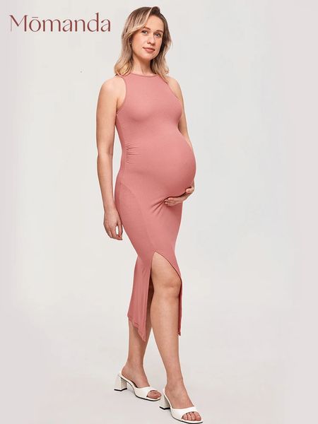 Momanda Halter Neck Nervuras Vestido de Maternidade Spaghetti Strap Bodycon Vestidos Pescoço Quadrado Roupas de Maternidade para o Chuveiro de Bebê MA002 240321