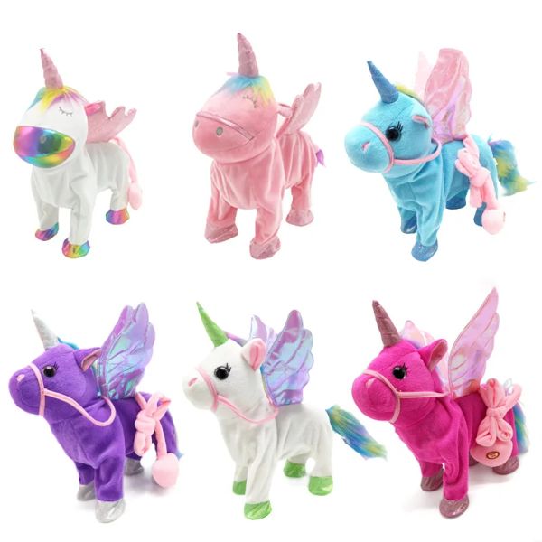 New Electric Walking Singing Unicorn Plush Plush Pelf Aye Pegasus Pony Toys 35cm Music Unicorn Toys for Kids Christmas Regali