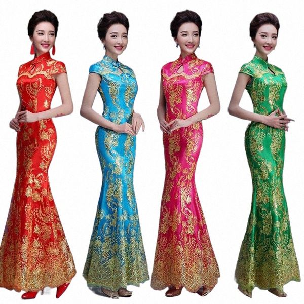 Китайский Новый год женская одежда хвост русалки LG Dr красный блесток Chegsam Qipao свадьба плюс размер женщина вечер Drag Phoenix 79HA #