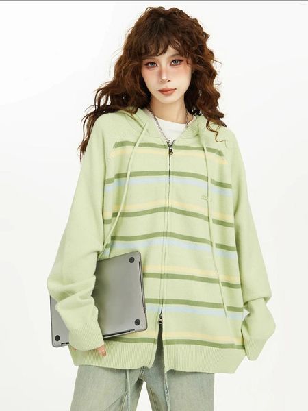 Jaquetas femininas verde listrado com capuz zíper camisola casaco elegante primavera outono solto grosso desgaste exterior de malha cardigan