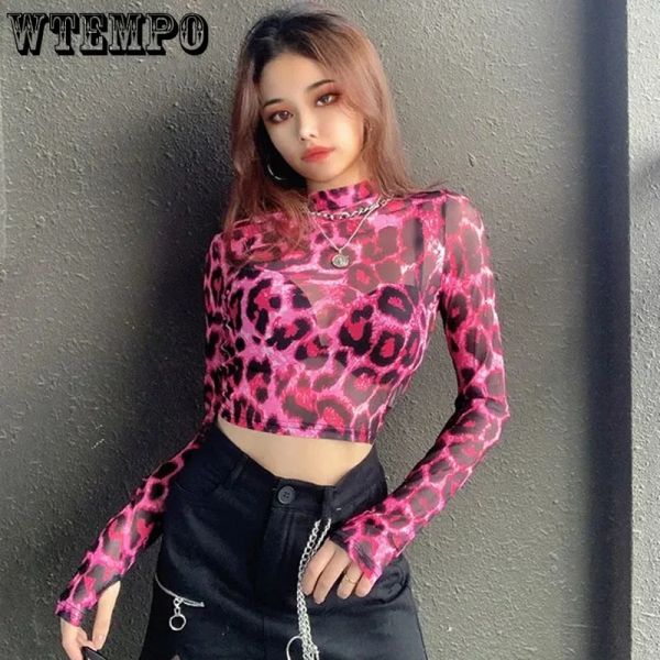 Camiseta espartilho top malha de camiseta moda retro sexy de leopardo rosa perspectiva feminina semihigh collar primavera e verão atacado