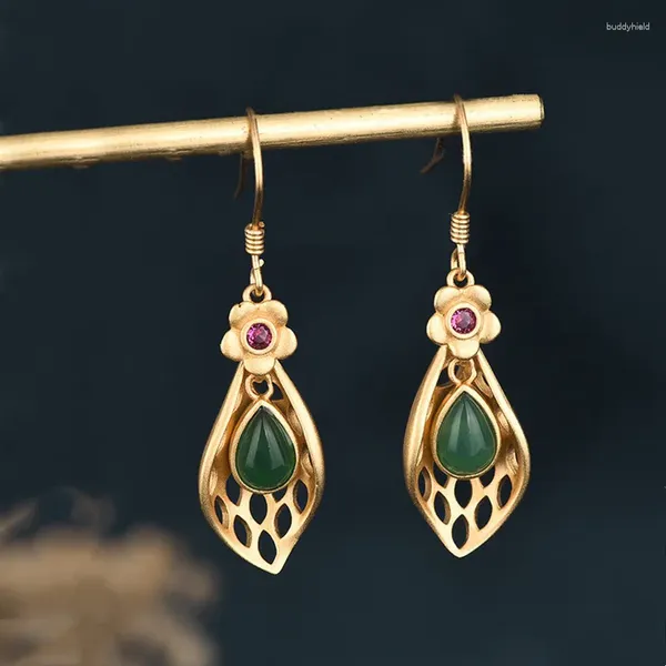 Baumelnde Ohrringe im chinesischen Stil, Magnolienblume, vergoldet, für Damen, hochwertiger hohler Muschelform, Smaragd-Jade-Schmuck