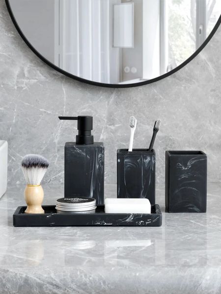 Acessórios para o banheiro de cabeça Distribuidor completo de sabonete de loção de mármore, porta -escova de dentes, copo, resina de bandeja Material preto branco