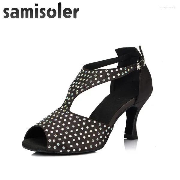 Sapatos de dança samisoler bule/pele/pano preto colocação brilho fitas salão de baile strass moda feminina competição latina