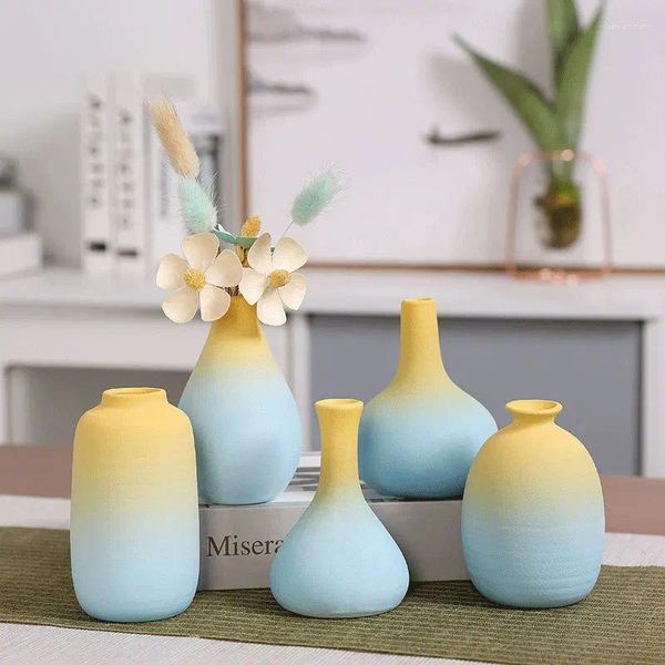 Vasos Gradiente Colorido Pequeno Vaso Cerâmico Ornamento Arranjo de Flores Decoração Seca Quarto Mesa de Casa