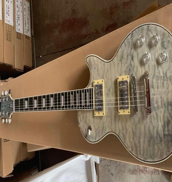 Custom Ultima Grey Pearl Limited Run Top in acero trapuntato Chitarra elettrica Abalone Body Binding One Piece Neck Tastiera in ebano Gro5041294