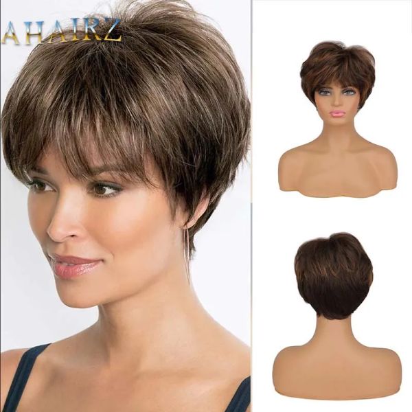 Perucas sintéticas curtas pixie corte peruca feminina natural penteado franja peruca marrom macio peruca reta para paciente quimio