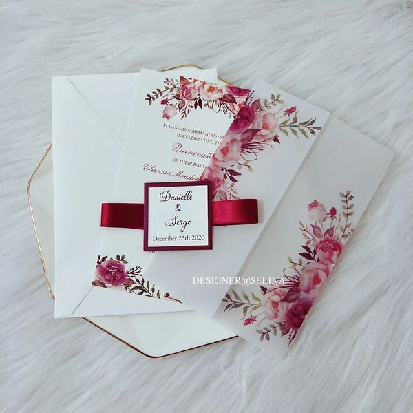 50pc Flower Printed Pergum Wrap für Hochzeit Invitaton mit Burgundy Ribbon und Tag DIY -benutzerdefinierte Grußkarten für die Brautdusche 240328