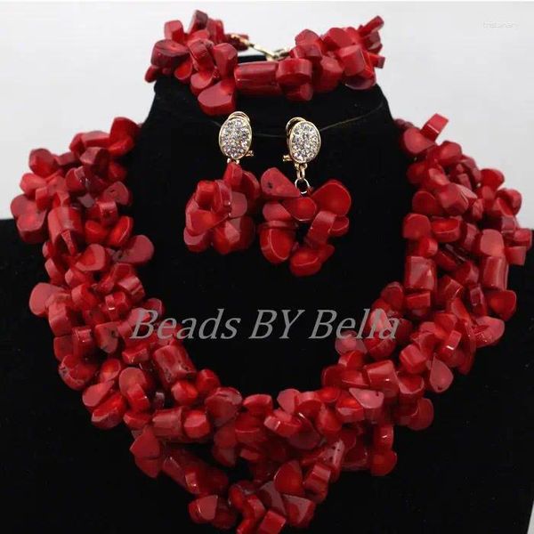 Colar brincos conjunto tradicional nigeriano contas de casamento gargantilha jóias vermelho africano coral nupcial abk183