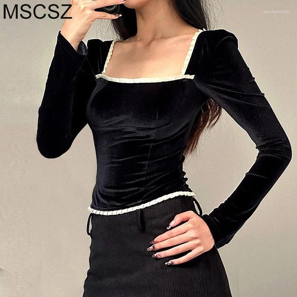 Camicette da donna Camicetta di velluto nero Camicie casual con volant da donna con collo quadrato e manica lunga 2024