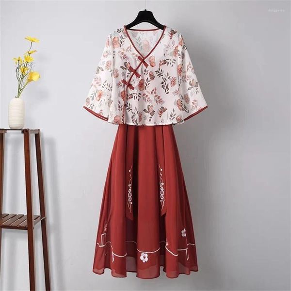 Fatos femininos retro estilo chinês muito fada floral de manga curta chiffon camisa de comprimento médio saia verão moda meninas hanfu terno