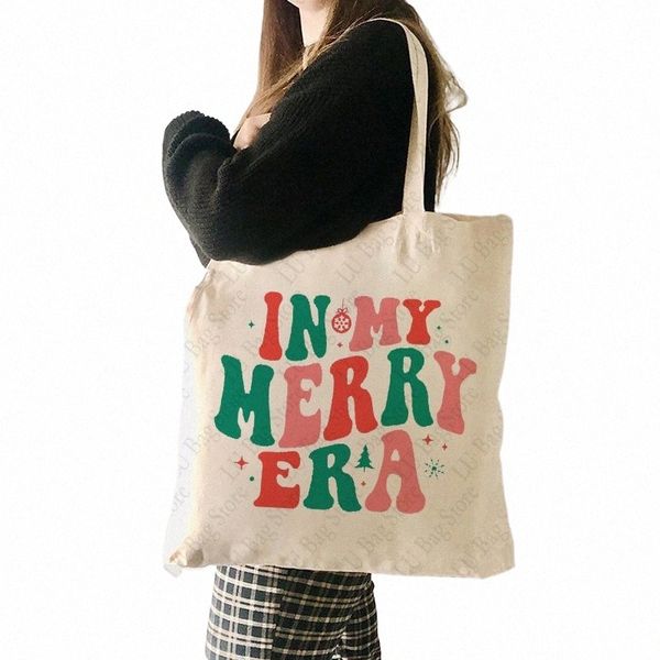 In My Merry Era Pattern Tote Bag Холст Сумки на плечо Женские многоразовые сумки для магазинов Лучший подарок Модная складная сумка на плечо l4Xc #