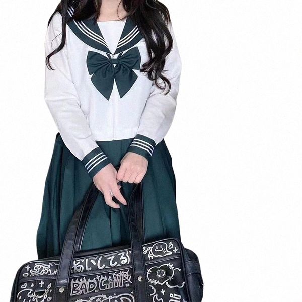 Uniforme de menina do ensino médio japonês JK Mulheres S-XXL terno de marinheiro verde estilo universitário roupa fantasia feminina camisa sexy saia plissada s8SH #