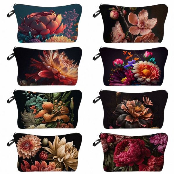 Borsa per il trucco da donna elegante Borsa per cosmetici Borsa da viaggio per la spiaggia Design unico Kit da toilette compatto e portatile Stampa floreale scura k6yF #