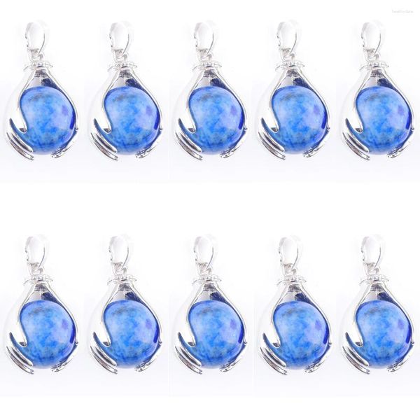 Colares Pingente Natural Lapis Lazuli Pedra Pingentes 16mm Rodada Bola Mãos Palma Dangle Reiki Chakra Cura Jóias Atacado 10 Pcs TN3146