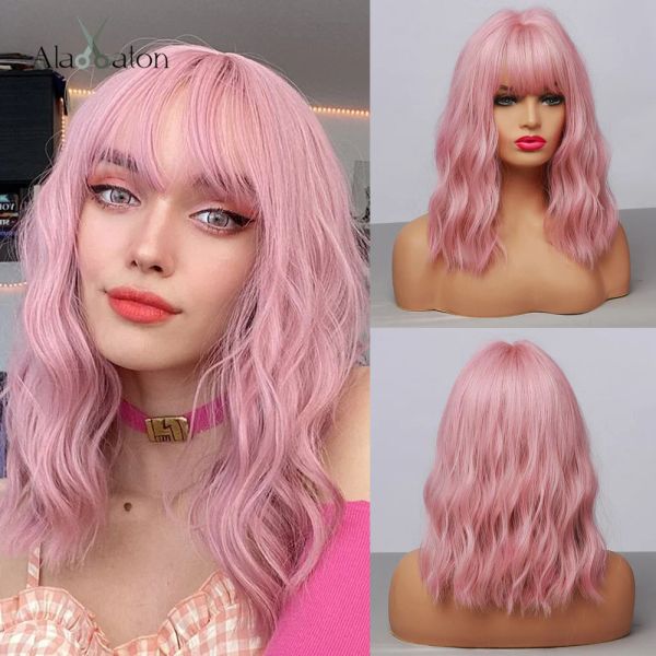 Perücken Alan Eaton Medium Wasser Welle rosa synthetische Perücken mit Pony Frauen natürliche hitzebeständige Cosplay schulterlange Bob Lolita Haare