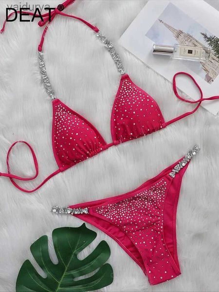 Damenbadebekleidung DEAT Shiny Diamond Party Bikini Zweiteiliges Set Damen Sexy Einfarbig Schnürung Strand Weiblich 2024 Sommer Neu 11XX0970 yq240330