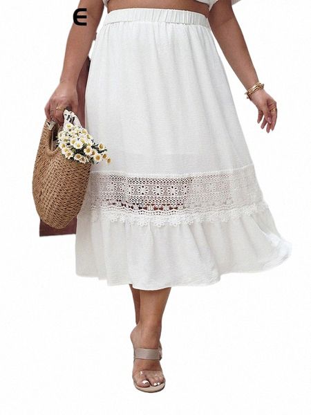 Gibsie Plus Size Ctrast Lace Elastic Cintura A-Line Saia Mulheres 2024 Primavera Verão Branco Boho Casual Vacati Lg Saias u1vv #