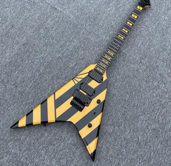 Seltene Parallaxe V2FR Michael Sweet Flying V Yellow Stripe E-Gitarre Floyd Rose Tremolo Bridge Black Hardware 777 Back Cover5041658