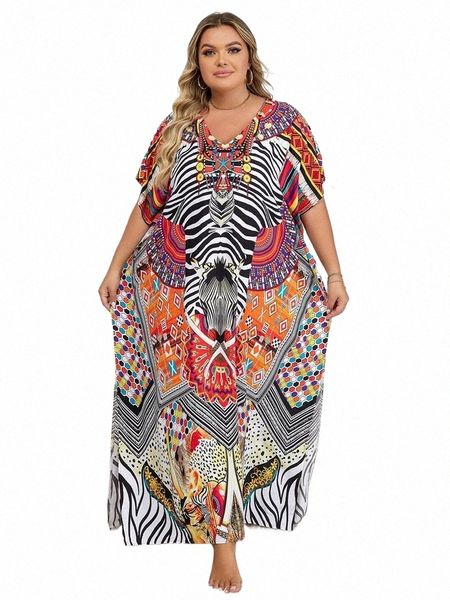 2024 Bohemian stampato allentato caftano Robe casual Vacati Plus Size Dr per le donne Abbigliamento Beach Wear Maxi Dres Q1469 p7jO #