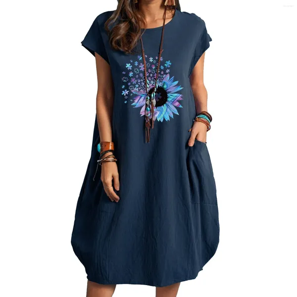 Casual Kleider Dame Blaue Sonnenblumen Gedruckt Lose Kurzarm Kleid Für Frauen Sommer Rundhals Mit Gelb Verband