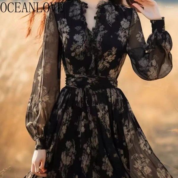 Casual Kleider OCEANLOVE Hepburn Stil Floral Frauen Frühling Sommer V-ausschnitt Elegante Vestidos Mujer Mode Vintage Süße Lange Kleid