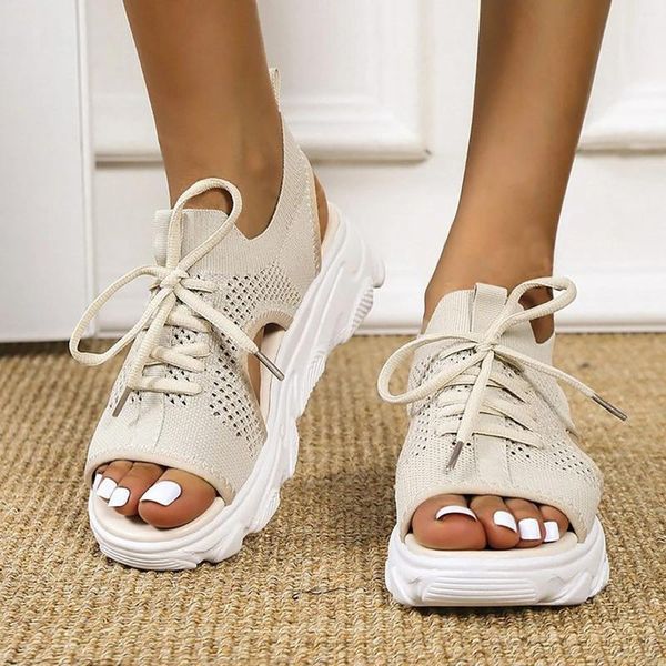 Sandalen Sommer Damen Mesh Casual Weiß Dicke Sohlen Schnürung Offene Keile für elegante Damen