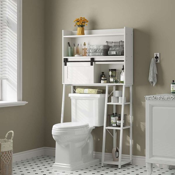 Furniuse Armadietto sopra il WC con portarotolo, portaoggetti di grandi dimensioni, porta scorrevole, portawater salvaspazio, adatto per bagno, lavanderia (bianco)