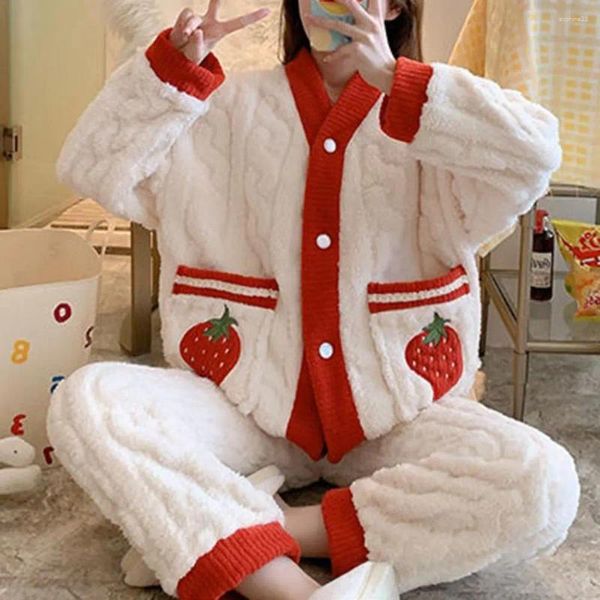 Ev Giysileri Kadın Kış Mercan Polar Pijama Seti V-Gellect Uzun Kollu Moda Sıcak Kız Pijamas Mujer Pijama Yumuşak Giyim Giysileri