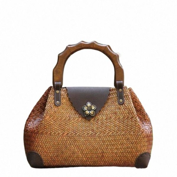 borsa in tessuto vintage con manico in legno, borsa in paglia, borse a mano da donna c4he #