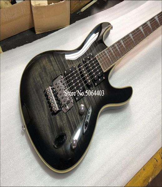 Intero personalizzato di alta qualità chitarra elettrica a 6 corde tigre nera impiallacciatura tastiera in palissandro doppio ponte a bilanciere fornisce cu9725259