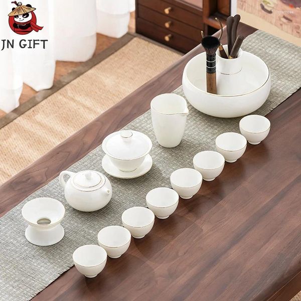 Conjuntos de chá de carneiro gordo jade conjunto de chá de luxo casa escritório chá negócio presente branco porcelana capa tigela cerâmica