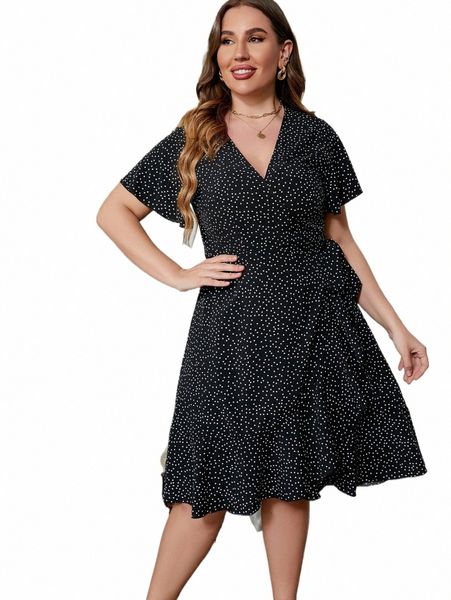 Dres delle donne libera la nave sexy profondo V nero primavera estate di grandi dimensioni Lg Dr Chic Dots Plus Size Abbigliamento donna G9bo #