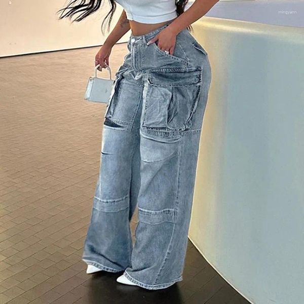 Jeans femininos atacado y2k street hipster bolso simétrico dividido solto lavagem calça casual macacão